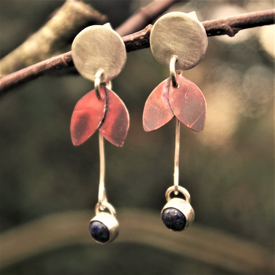 Silver Circle and Copper Leaf Dangly Earrings with Lapis Lazuli 