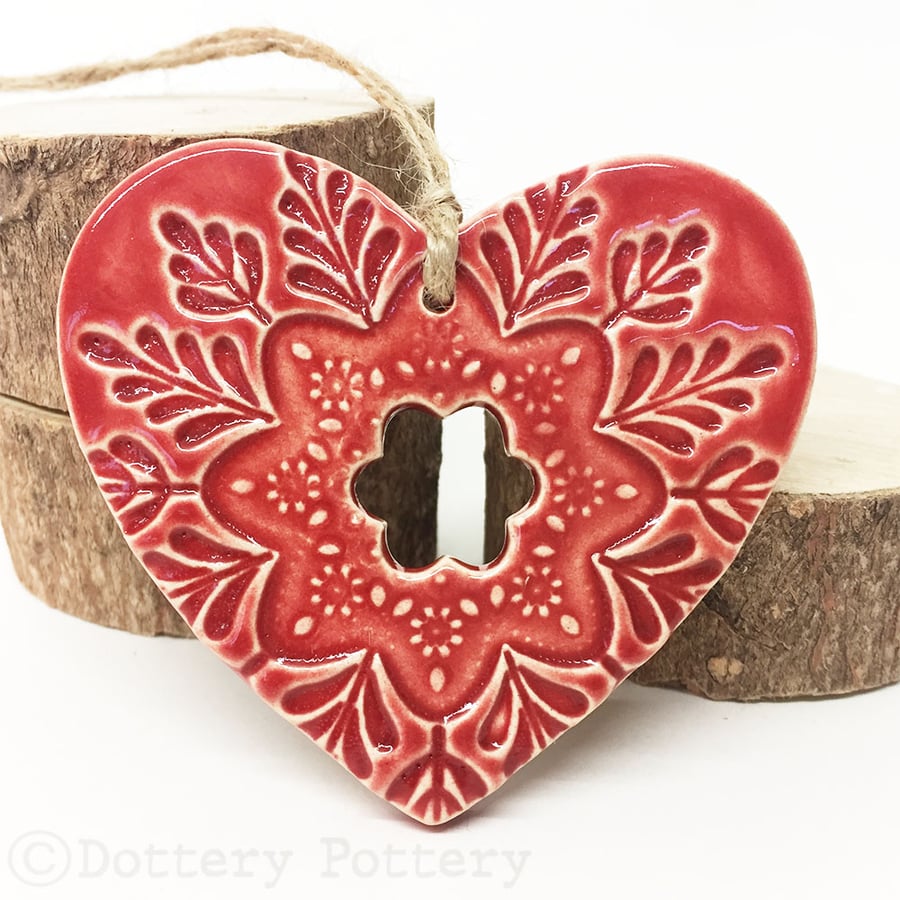 Ceramic heart hanging decoration Pottery Heart Folk art love heart RED