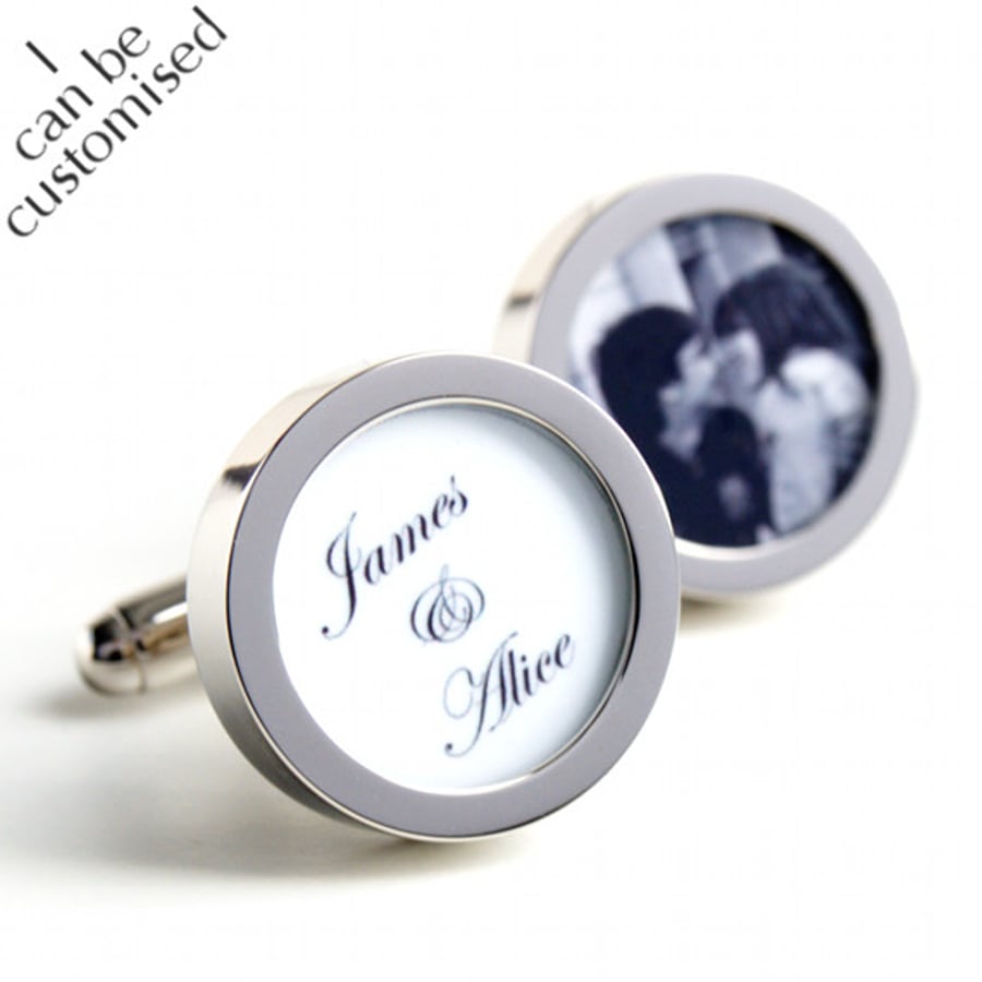 Groom Custom Cufflinks with the Names of the Bride and Groom and Photograph