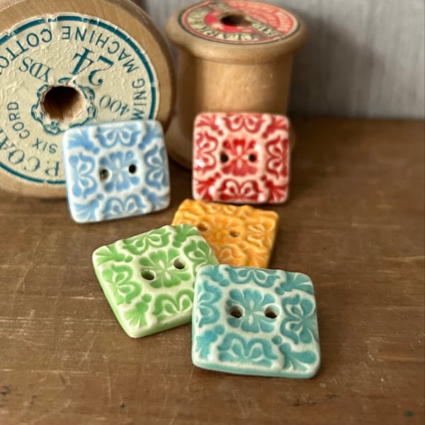 Set of five little square ceramic handmade buttons 