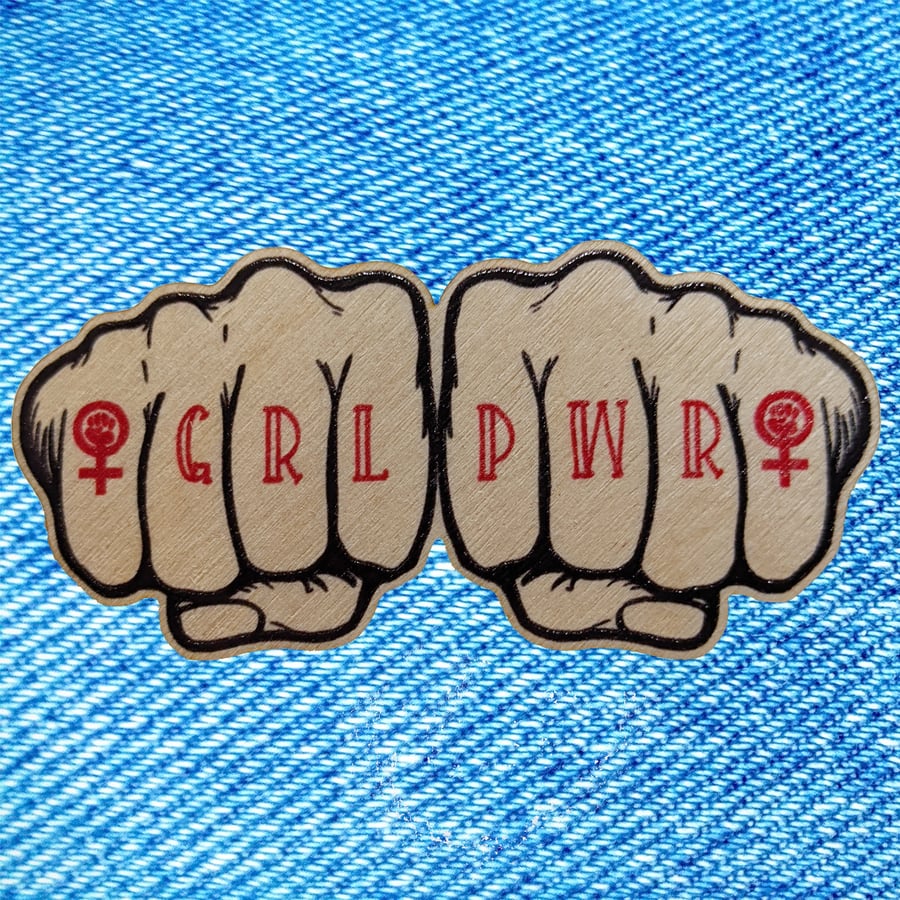 Feminist GRL PWR - Girl Power wooden pin badge - knuckle tattoo