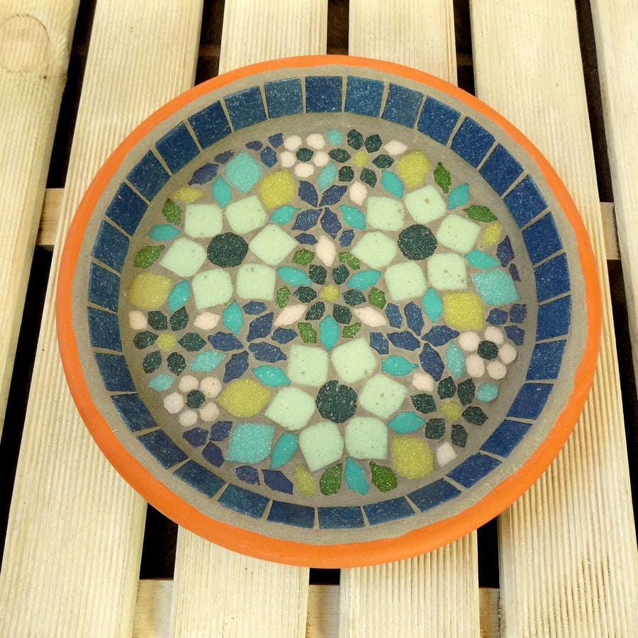 Blue & Green Clematis Garden Mosaic Bird Bath