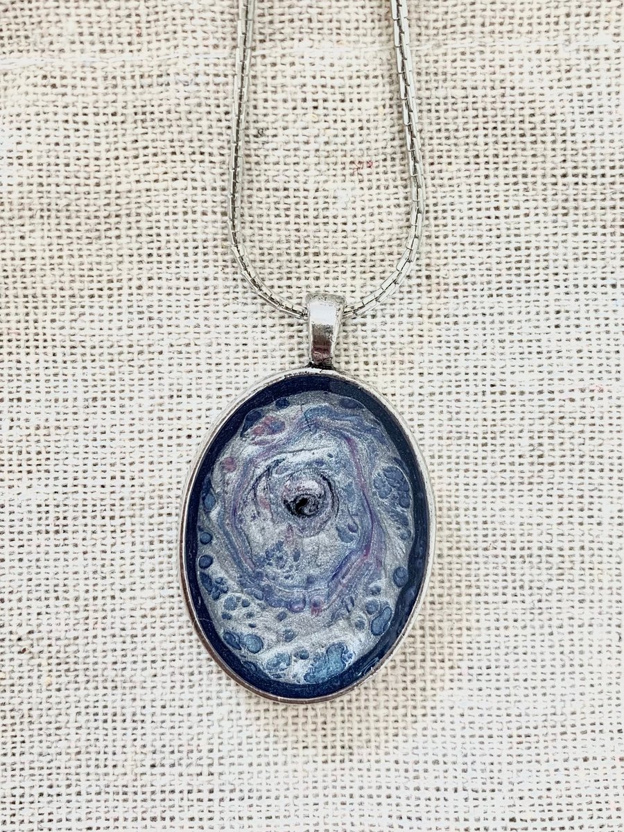Abstract Blue and Silver Pendant on Silver Tone Chain