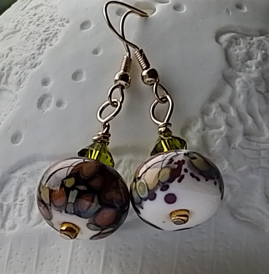 Glass Lampwork Drop Earrings, White, Brown, Olive Green