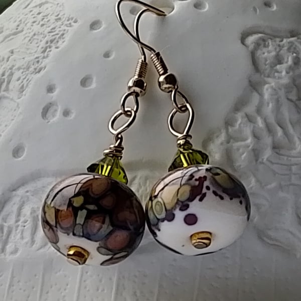 Glass Lampwork Drop Earrings, White, Brown, Olive Green