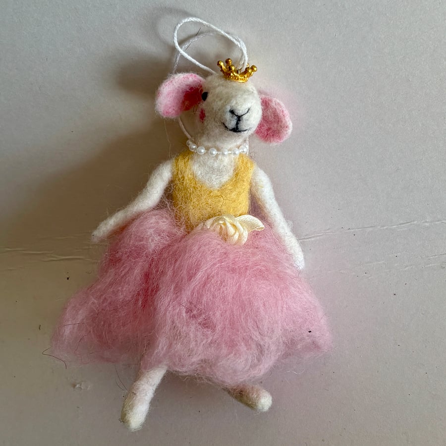 Needlefelted wool ballerina mouse hanging ornament 