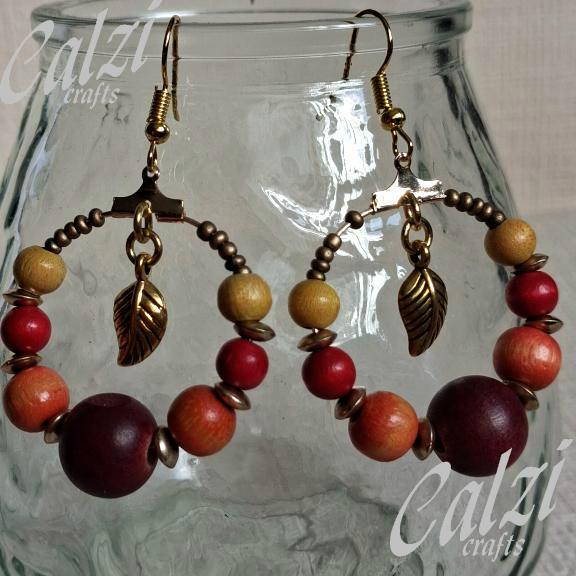 Autumnal Tones Wooden Bead Hoop Earrings