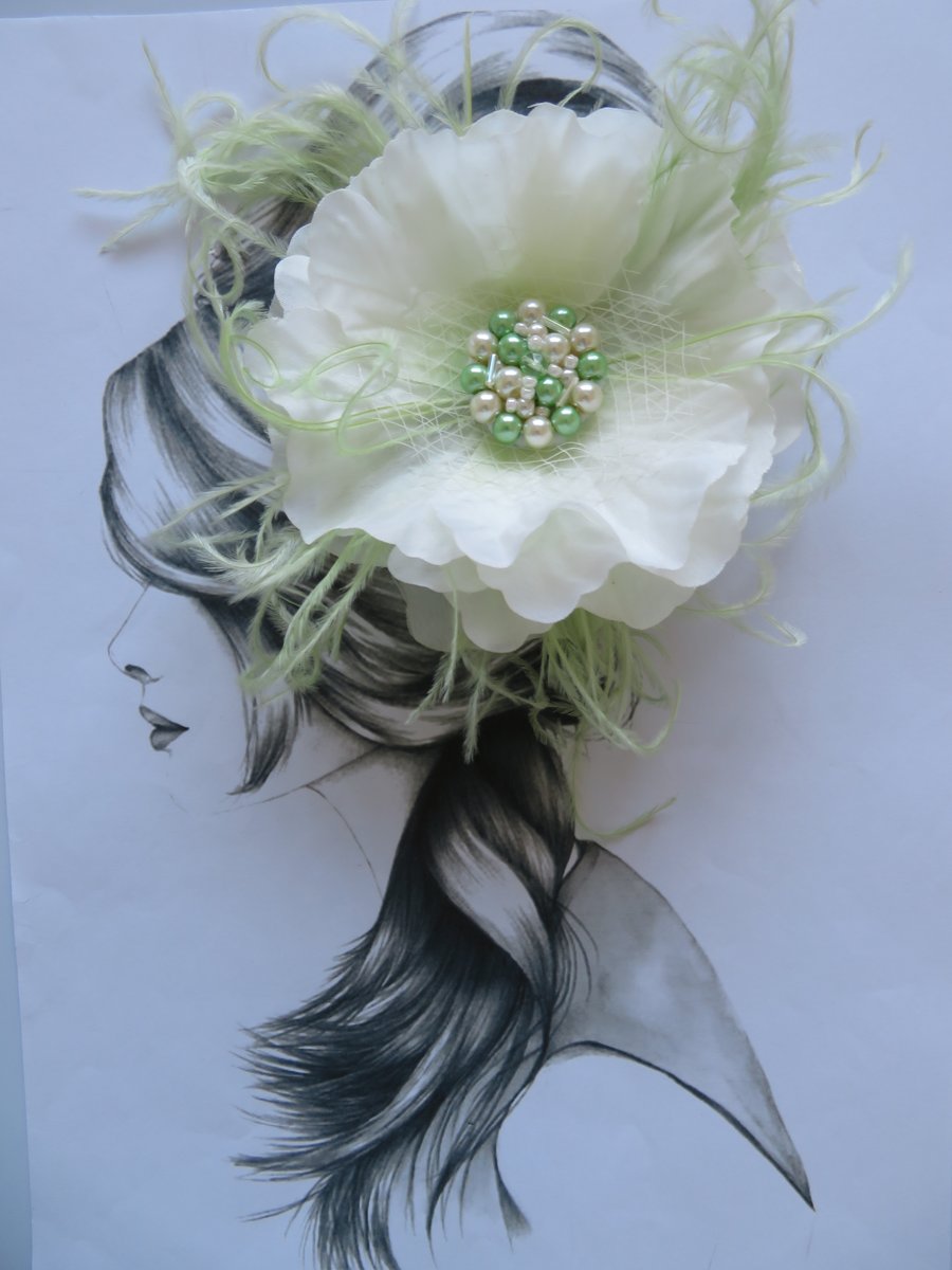Ivory Poppy & Pale Green Vintage Flower Hair Clip Accessory Retro Rockabilly