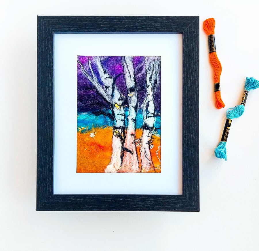  Original Wool Felt and Stitch Painting of Silver Birch Trees at Twilight