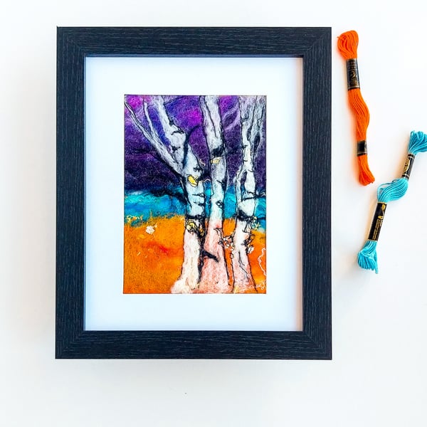  Original Wool Felt and Stitch Painting of Silver Birch Trees at Twilight