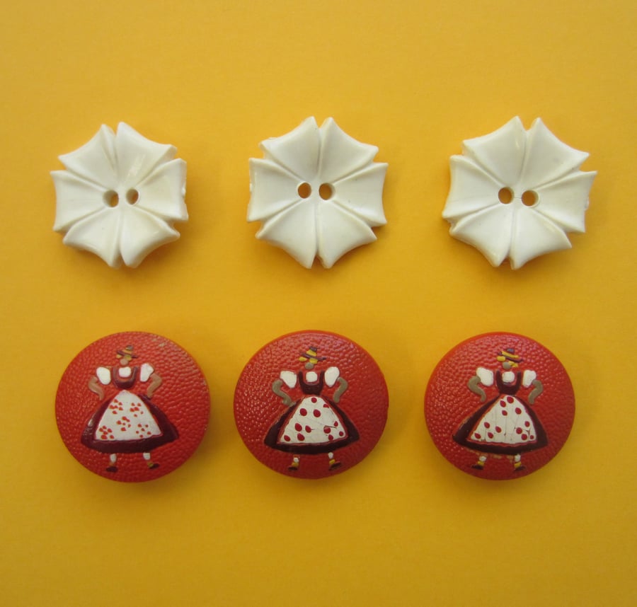 SALE 6 Vintage Buttons. 3 Red Tyrolean Figure Buttons. 3 White Flower Buttons.