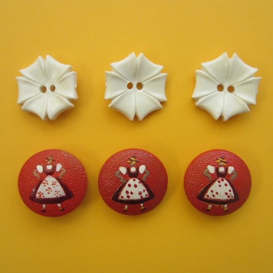 SALE 6 Vintage Buttons. 3 Red Tyrolean Figure Buttons. 3 White Flower Buttons.