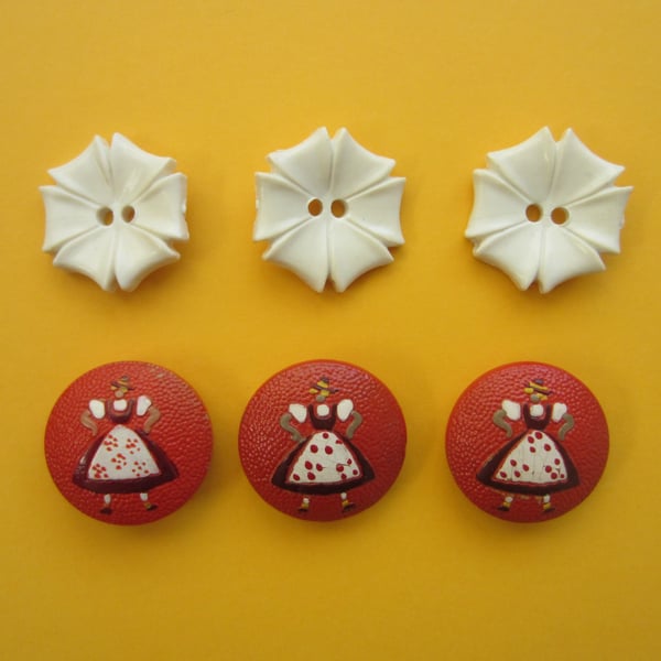 SALE 6 Vintage Buttons. 3 Red Tyrolean Figure Buttons. 3 White Flower Buttons.