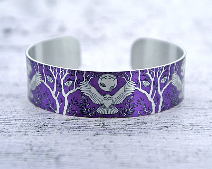 Owl and moon cuff bracelet, purple jewellery bangle with owls. (436)