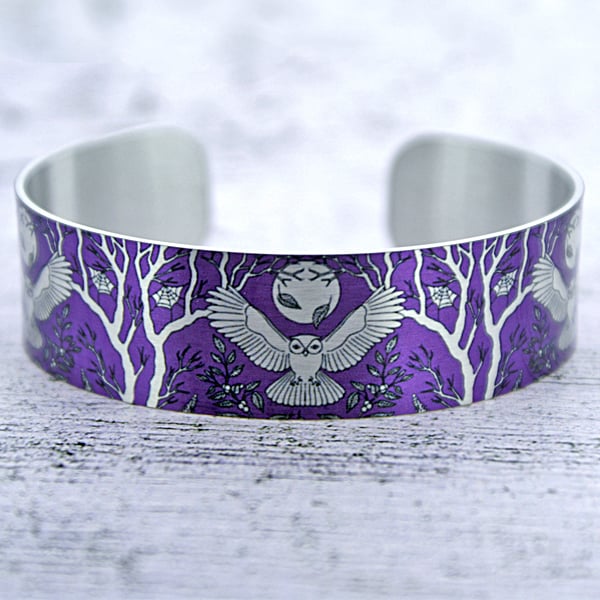 Owl and moon cuff bracelet, purple jewellery bangle with owls. (436)