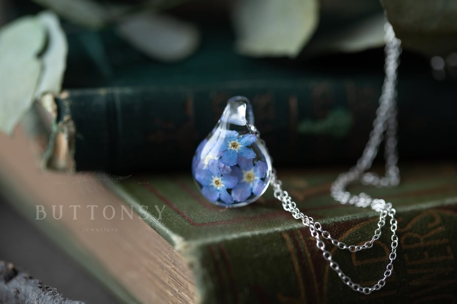 Forget Me Nots Necklace Droplet Cluster Pressed Flower Necklace Gifts For Her Me