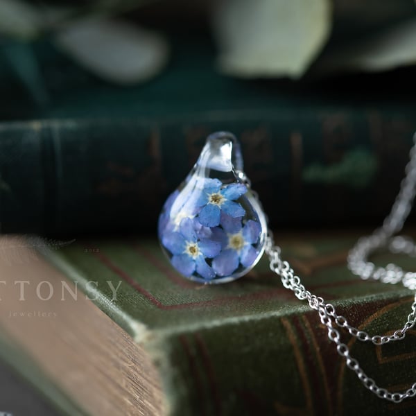 Forget Me Nots Necklace Droplet Cluster Pressed Flower Necklace Gifts For Her Me