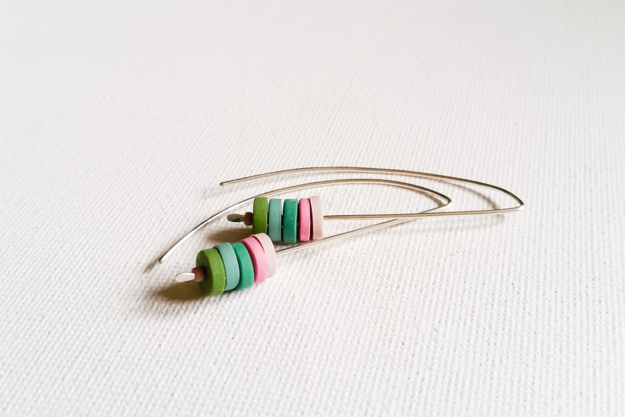 SALE! Green and Pink Long Wire Earrings, Contemporary Jewellery