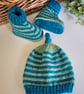 Designer Merino Wool Baby's Booties & Hat Set 0-3 months size
