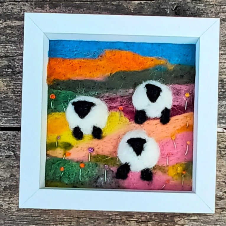 Three Sheep amongst flowers - needlefelt with embroidery