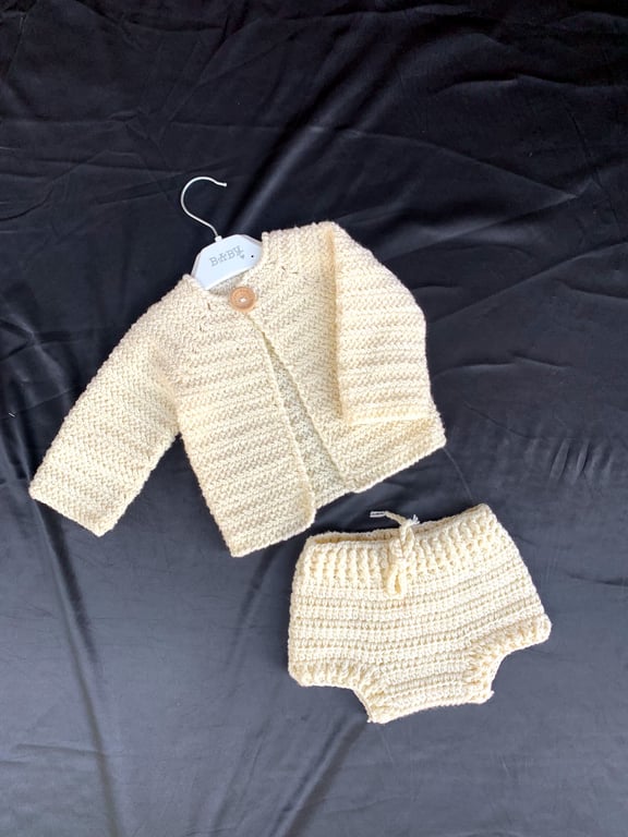 Handmade Crochet Baby Cardigan and Shorts Set in Soft Cream