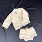 Handmade Crochet Baby Cardigan and Shorts Set in Soft Cream