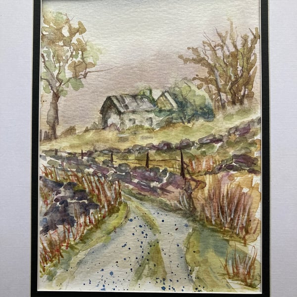 Watercolour art of stone cottage in rural Ireland. Irish landscape. 