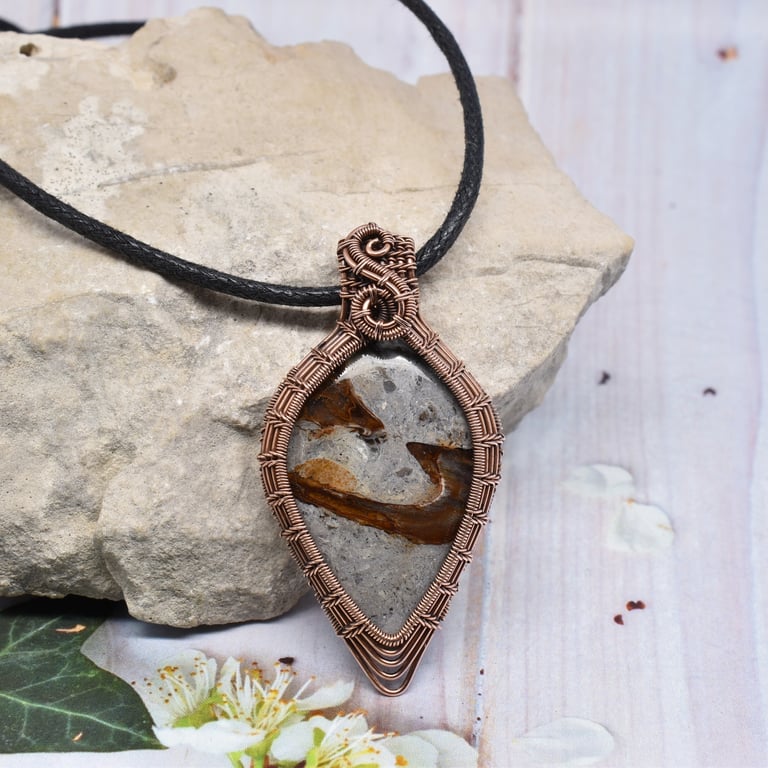 Wire Woven Rock Chalcedony and Copper Unisex Pendant