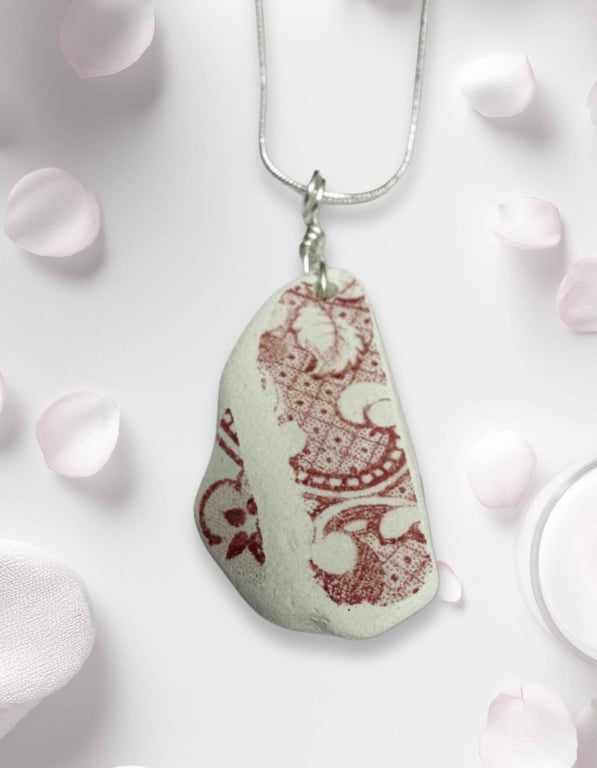 Sea pottery necklace. Red heart floral design, beautifully smooth piece.
