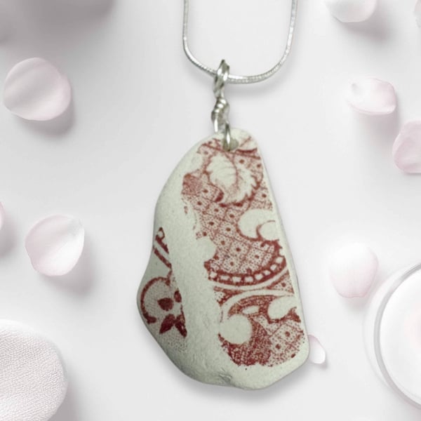 Sea pottery necklace. Red heart floral design, beautifully smooth piece.