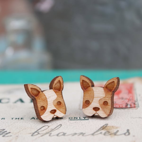 Wooden French Bulldog Stud Earrings