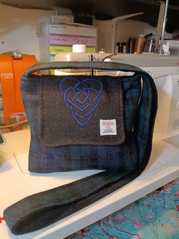Harris tweed Black watch tartan with embroidered intertwined hearts