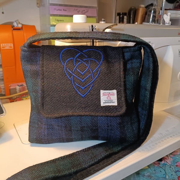 Harris tweed Black watch tartan with embroidered intertwined hearts