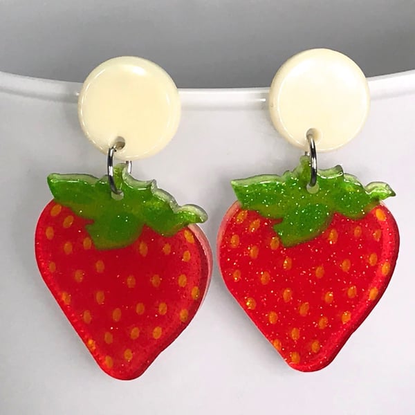STRAWBERRIES AND CREAM earrings kawaii cute glitter tennis Wimbledon