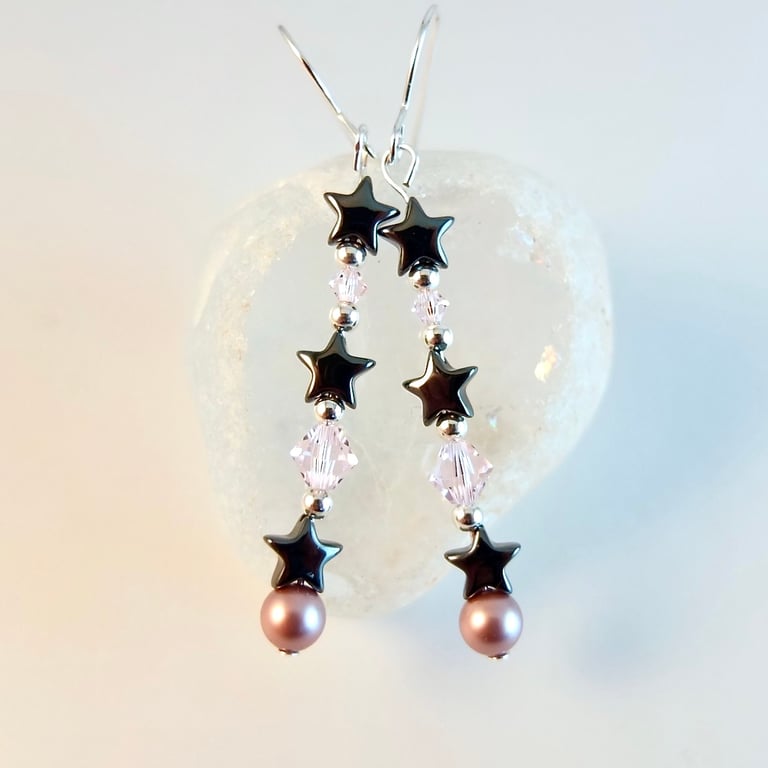 Hematite Star, Swarovski Crystal & Sterling Silver Earrings - Handmade In Devon