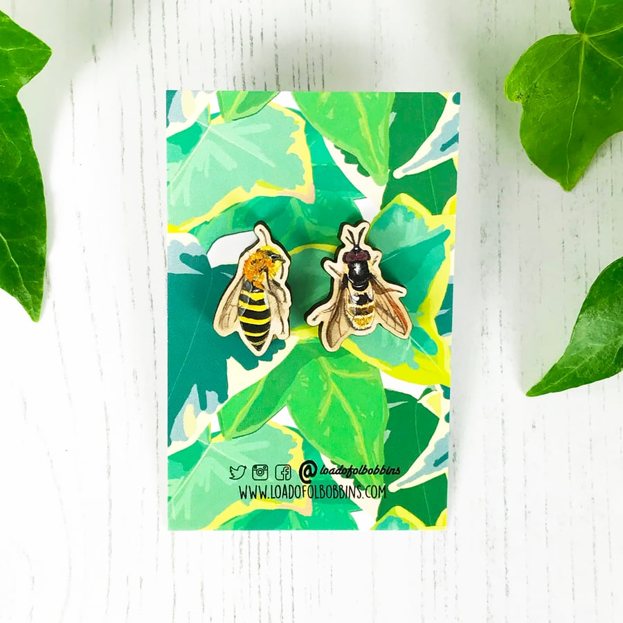 Mix and Match Bee, hoverfly and ivy Illustration Wooden Earring Studs