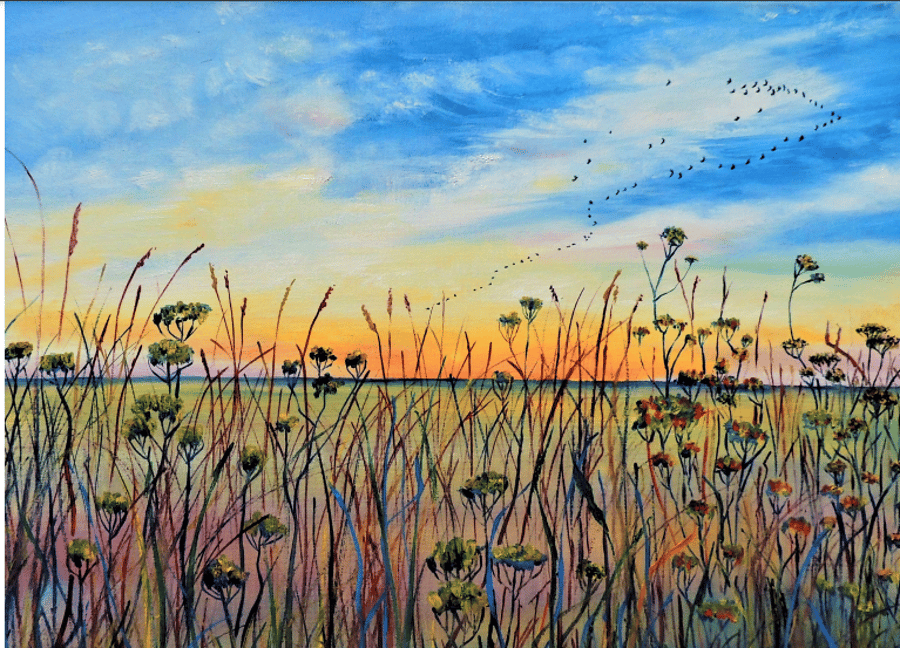 Sunset Fen Landscape  Greeting Card from Original Oil Painting
