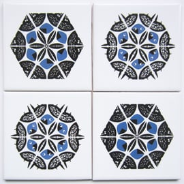 4 x Blue and Black Snowflake Pattern Ceramic Tile Coasters with Cork Backing