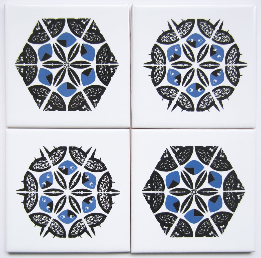 4 x Blue and Black Snowflake Pattern Ceramic Tile Coasters with Cork Backing