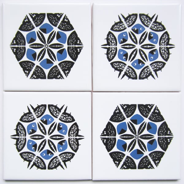 4 x Blue and Black Snowflake Pattern Ceramic Tile Coasters with Cork Backing