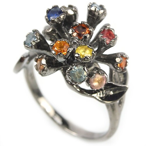 Multicolour Sapphire Romantic Art Nouveau style Open Spray Floral Ring