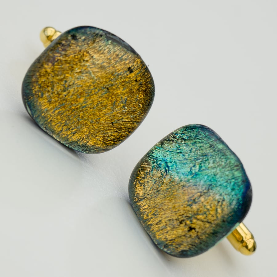 Gold and Turquoise Dichroic Glass Cufflinks - 4045