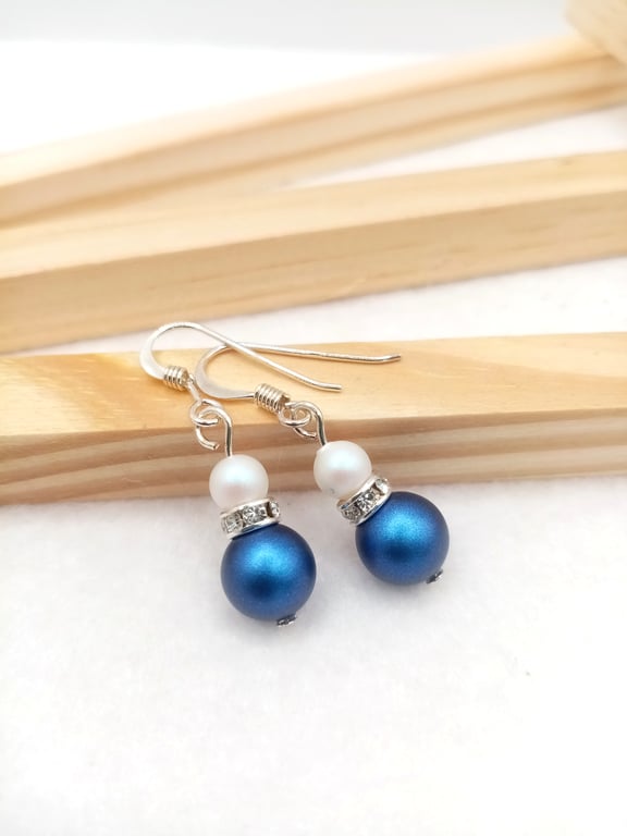 Dark Blue & White Pearl Drop Earrings - Sterling Silver & Austrian Crystal