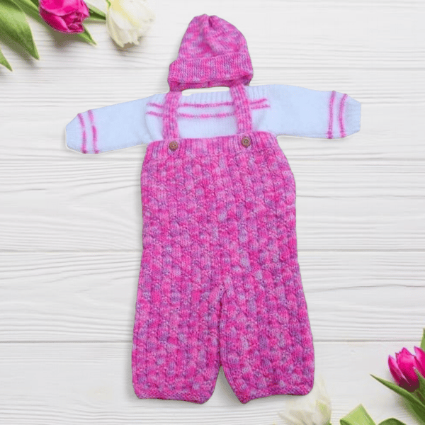 Hand knitted baby girl jumper, dungarees and hat set 0 - 3 months  