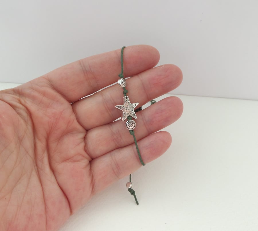 Star Cord Bracelet, Khaki Green, Adjustable