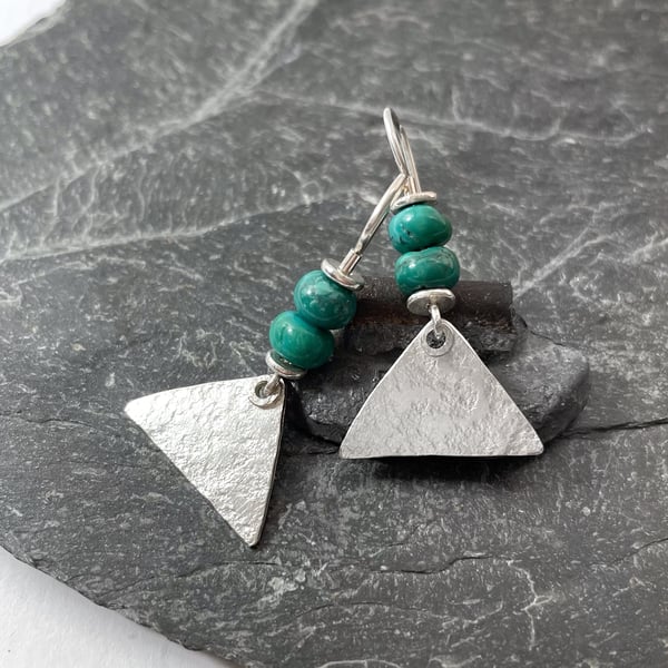 Sterling silver triangle drop earrings with bright turquoise beads