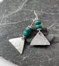 Sterling silver triangle drop earrings with bright turquoise beads