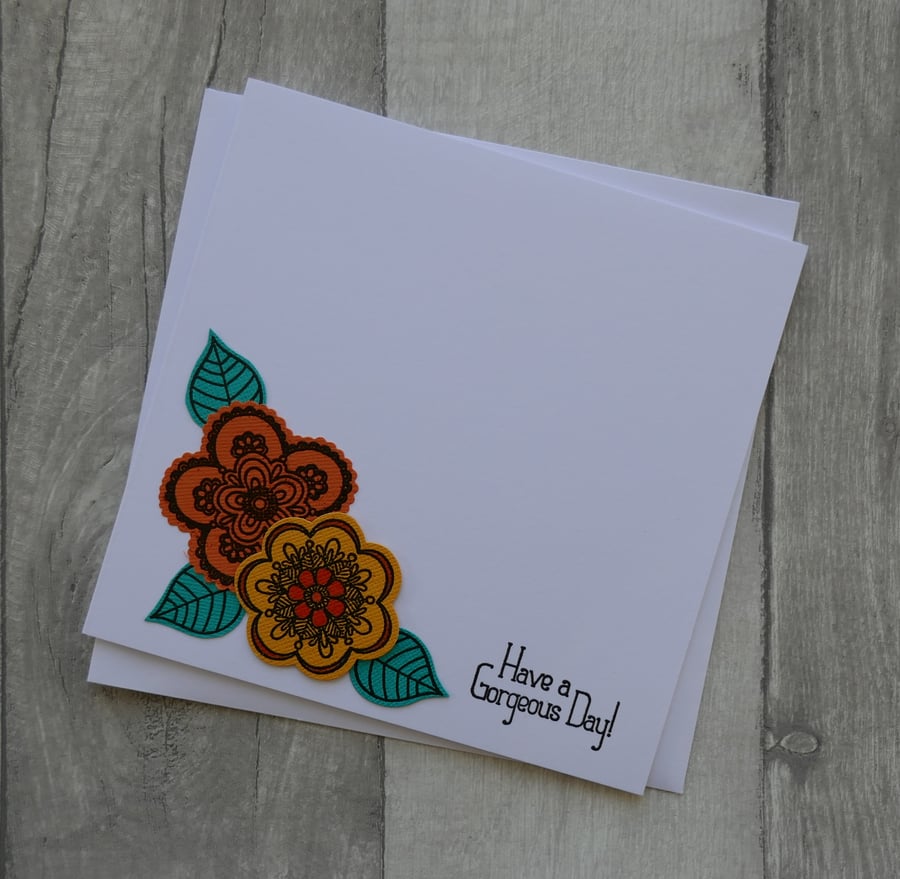 Orange and Turquoise Modern Mehndi Flowers - Have a Gorgeous Day - Birthday Card