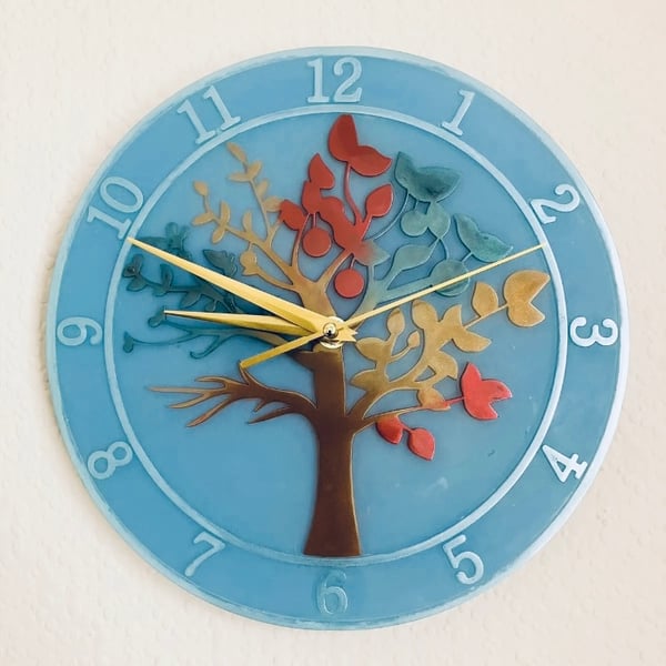 Epoxy Resin Tree Of Life Wall Clock Quirky Handmade Gift Blue Glitter Green
