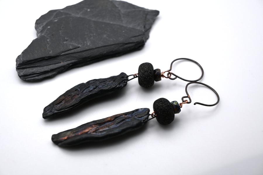 black lampwork glass and ceramic earrings, copper jewellery